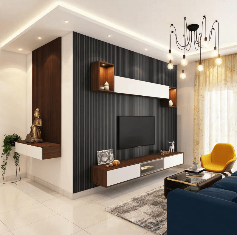 Modern TV Lounge Fluted Wall Panels wall mounted TV floating console and stylish furniture 