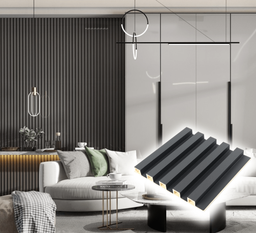 Modern TV lounge with dark wood fluted wall panels 