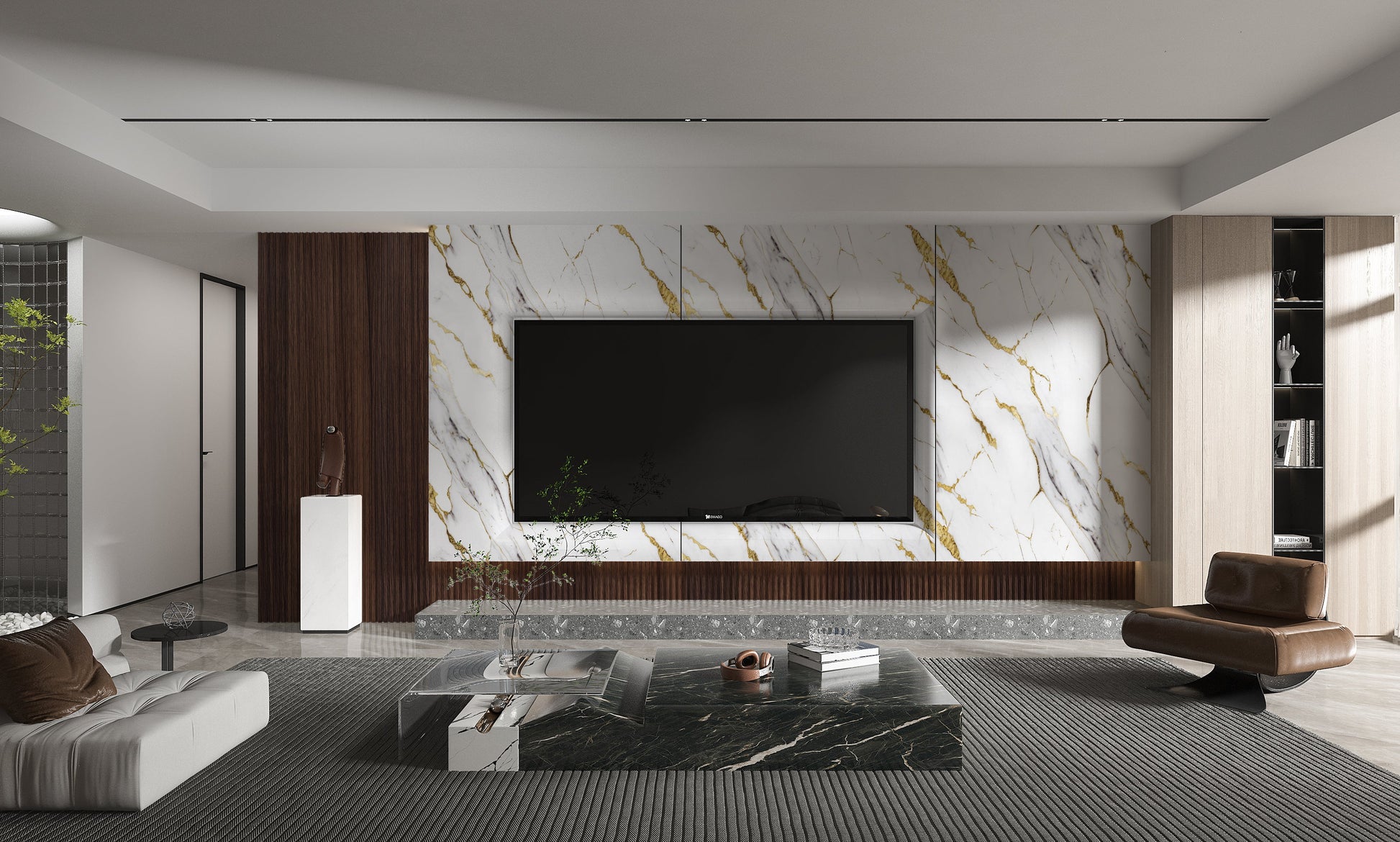 Luxury living room TV wall with white PVC marble panels featuring gold veining