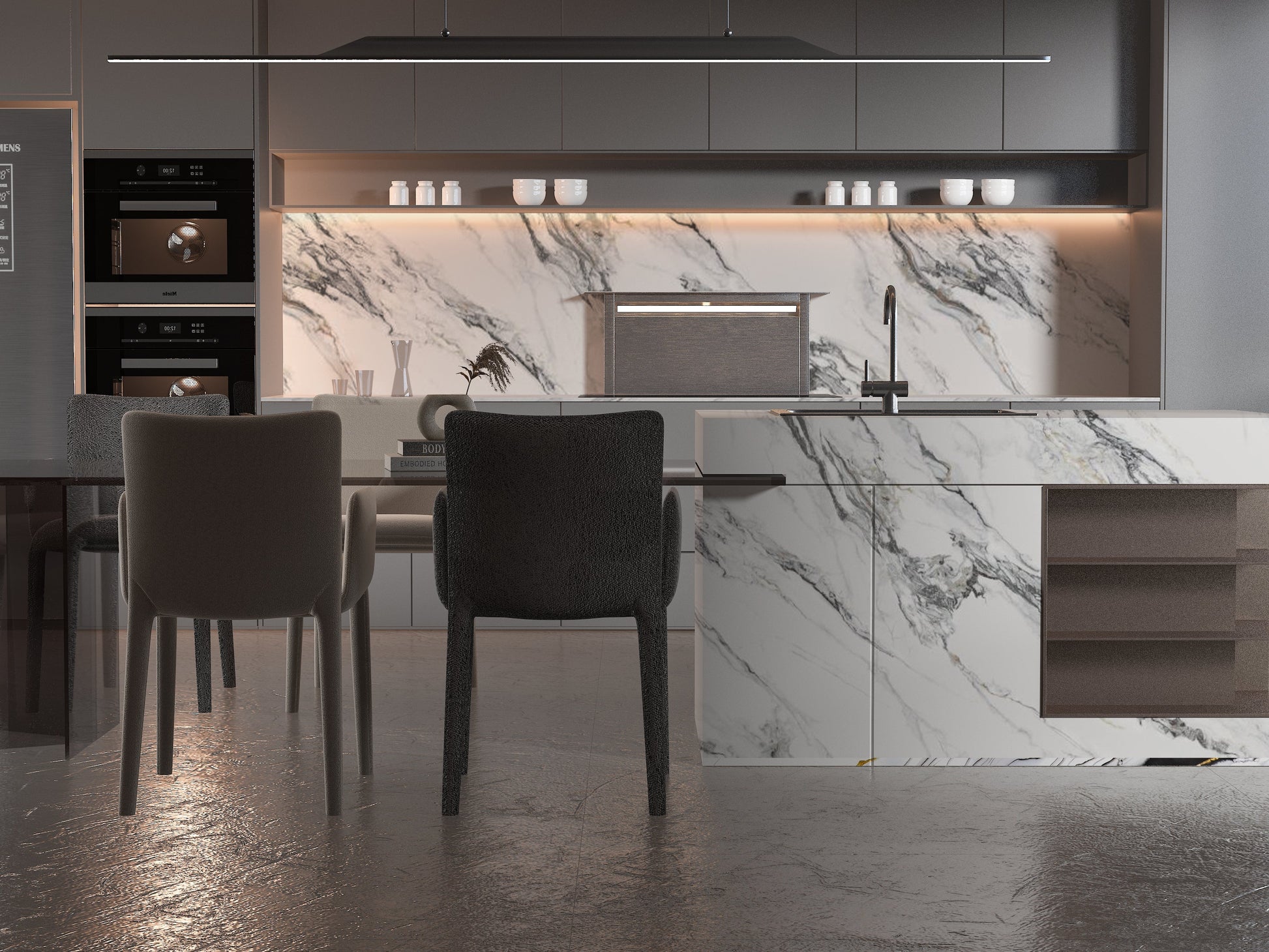 Modern kitchen with luxury marble wall panels and waterfall island featuring gray veined marble finish