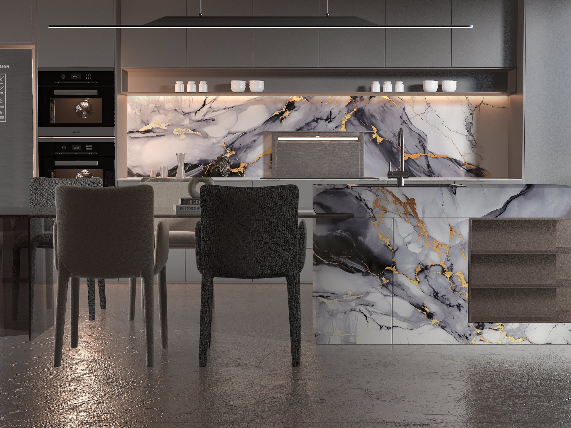 Modern kitchen interior with gray and white PVC marble wall panels featuring dramatic gold veining