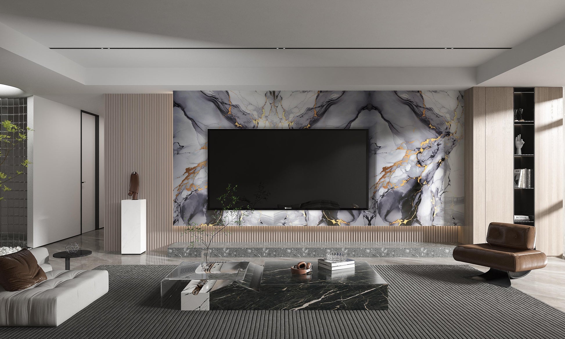 Luxury living room TV wall with gray and white PVC marble panels featuring bold gold veining