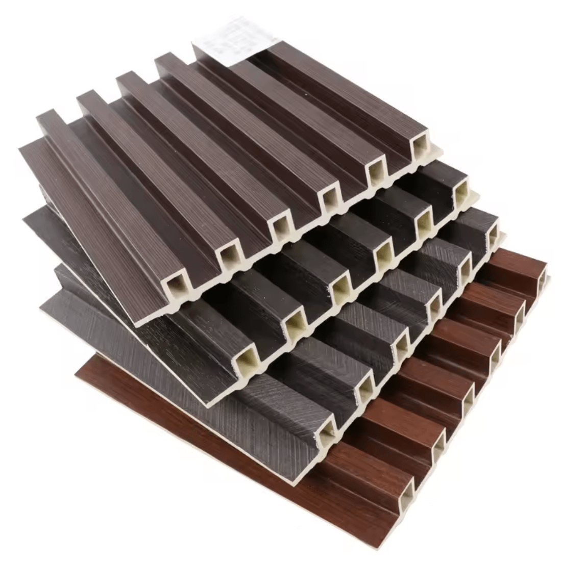 Multi color fluted wall panels in brown gray and black showing design