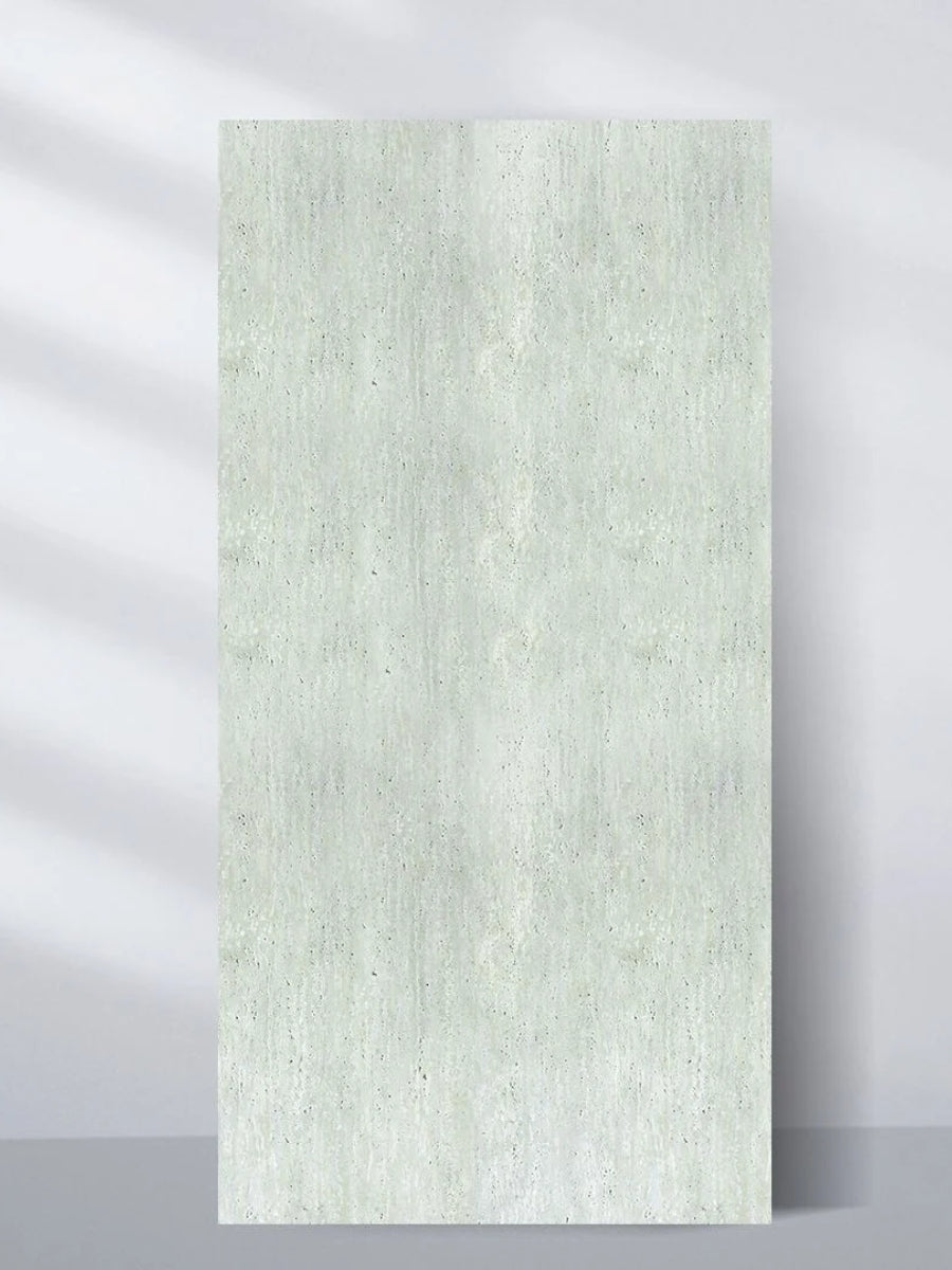 Full-length pale green travertine stone marble UV-protected PVC wall panel with subtle vertical texture