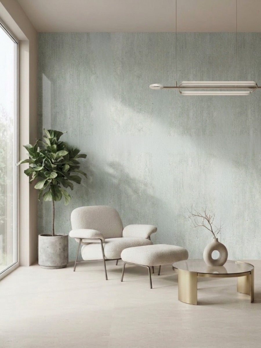Pale green travertine-style PVC wall panel installed behind a modern lounge chair and indoor plant