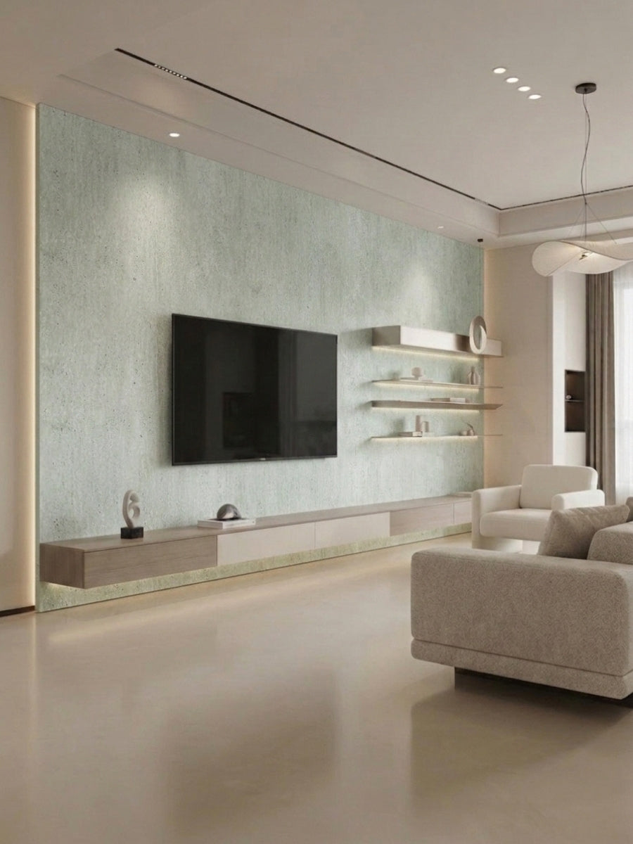 UV-protected PVC wall panels with pale travertine texture installed on a modern living room TV wall