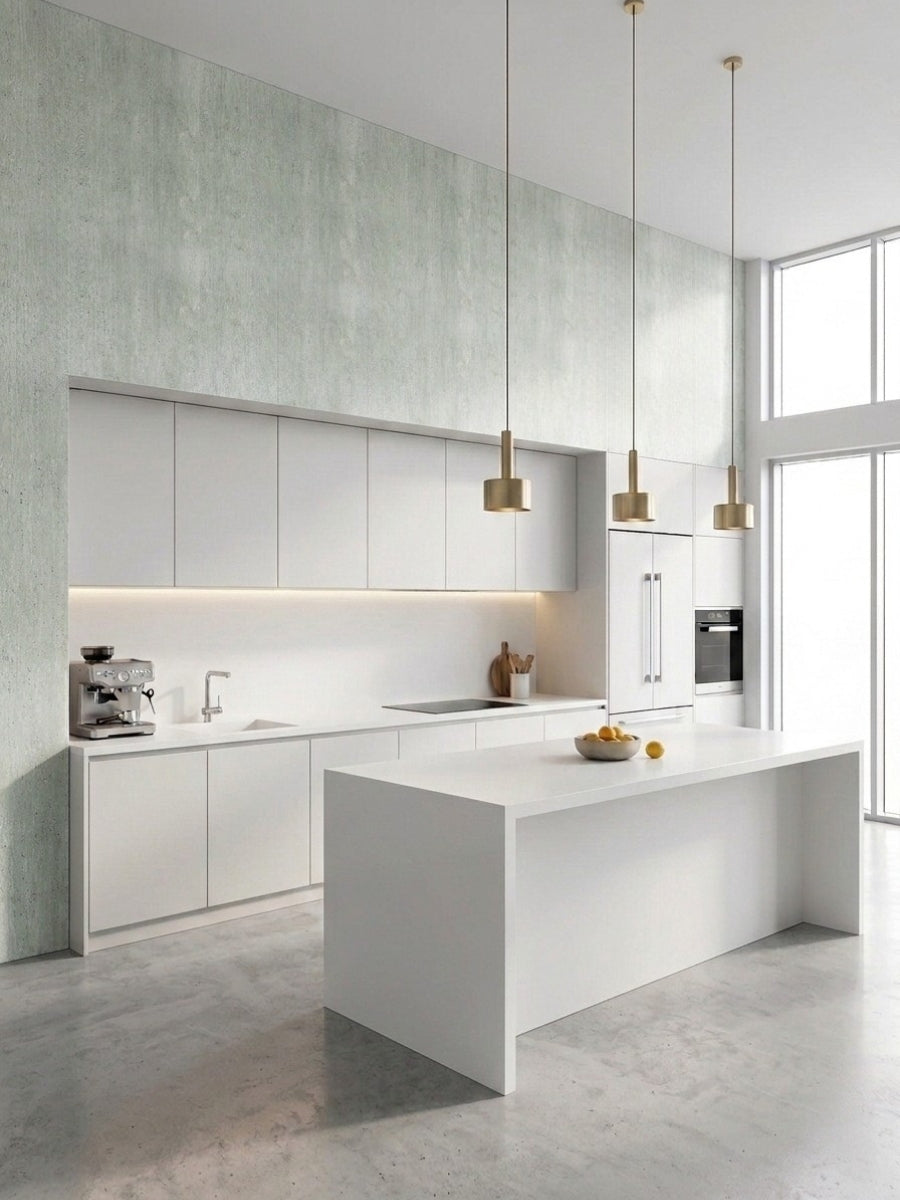 Pale green travertine stone marble PVC wall panels covering the walls of a bright modern kitchen