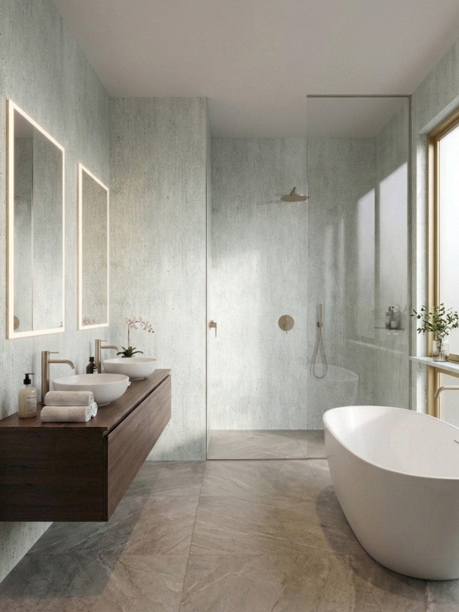 Travertine-textured PVC wall panels installed throughout a modern bathroom with vanity, shower and bathtub