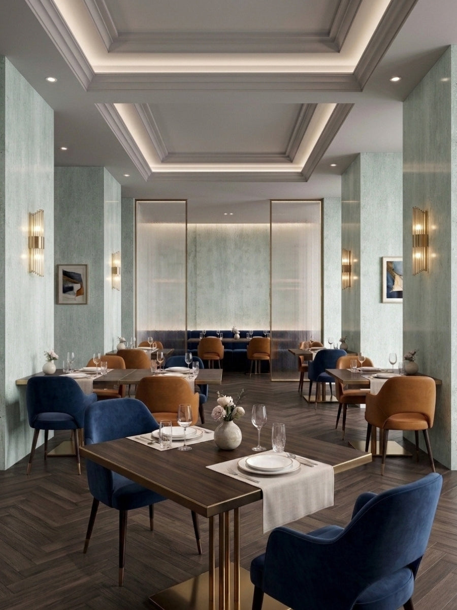 Pale green travertine-style PVC wall panels installed on columns and walls in an elegant restaurant dining room