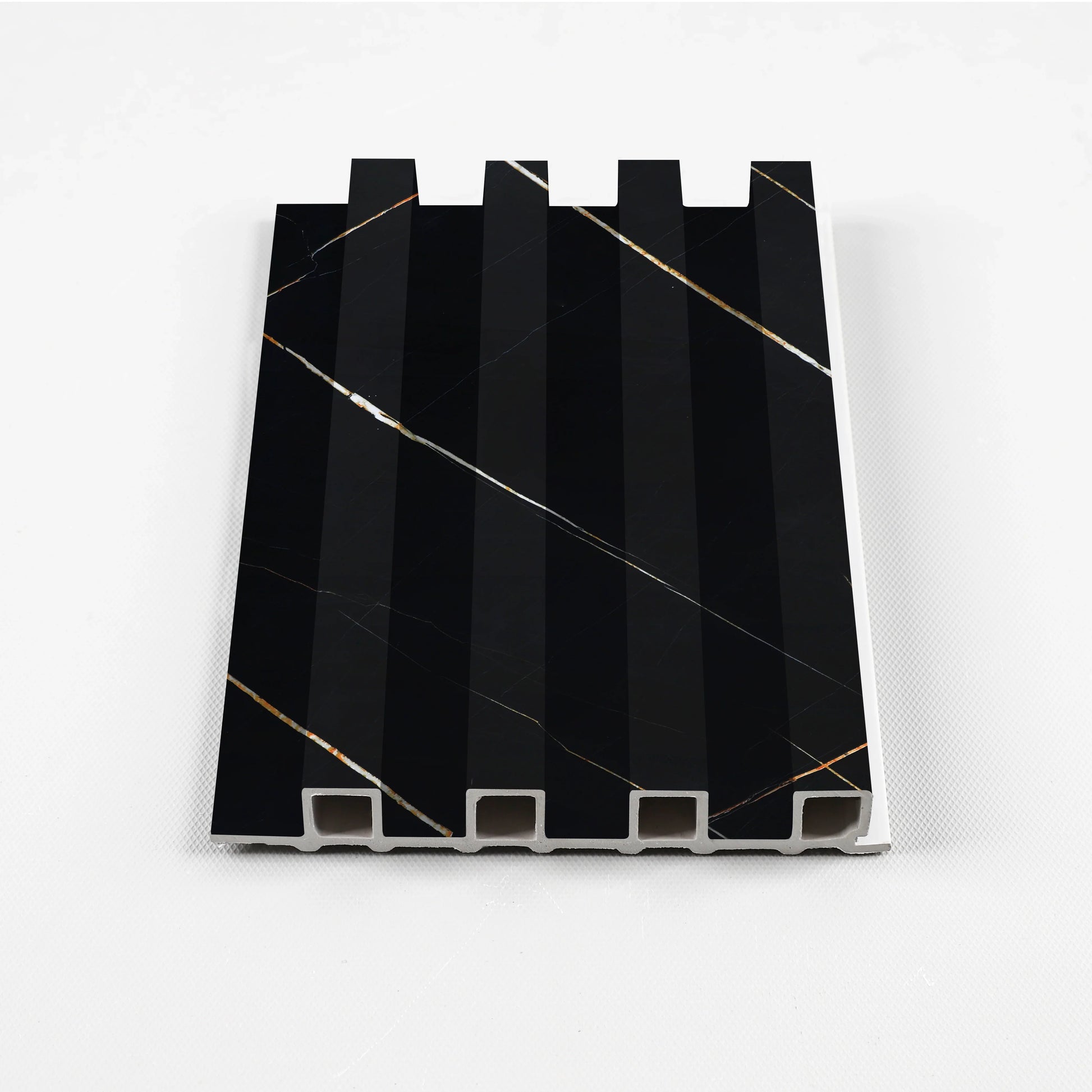 Noir Royale Vertical fluted WPC wall panel sample with wood finish