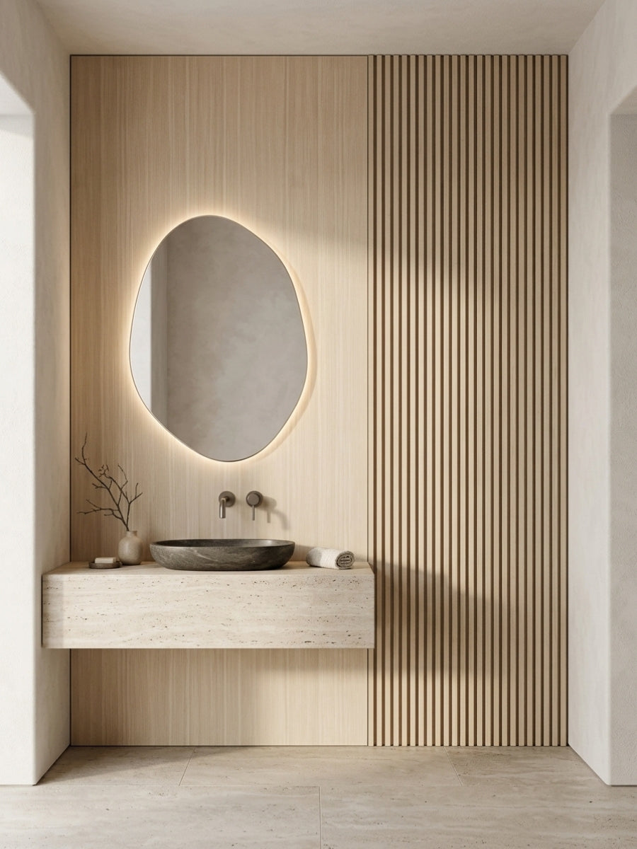 Nordic birch wood veneer panel with vertical slats behind a floating vanity and illuminated oval mirror