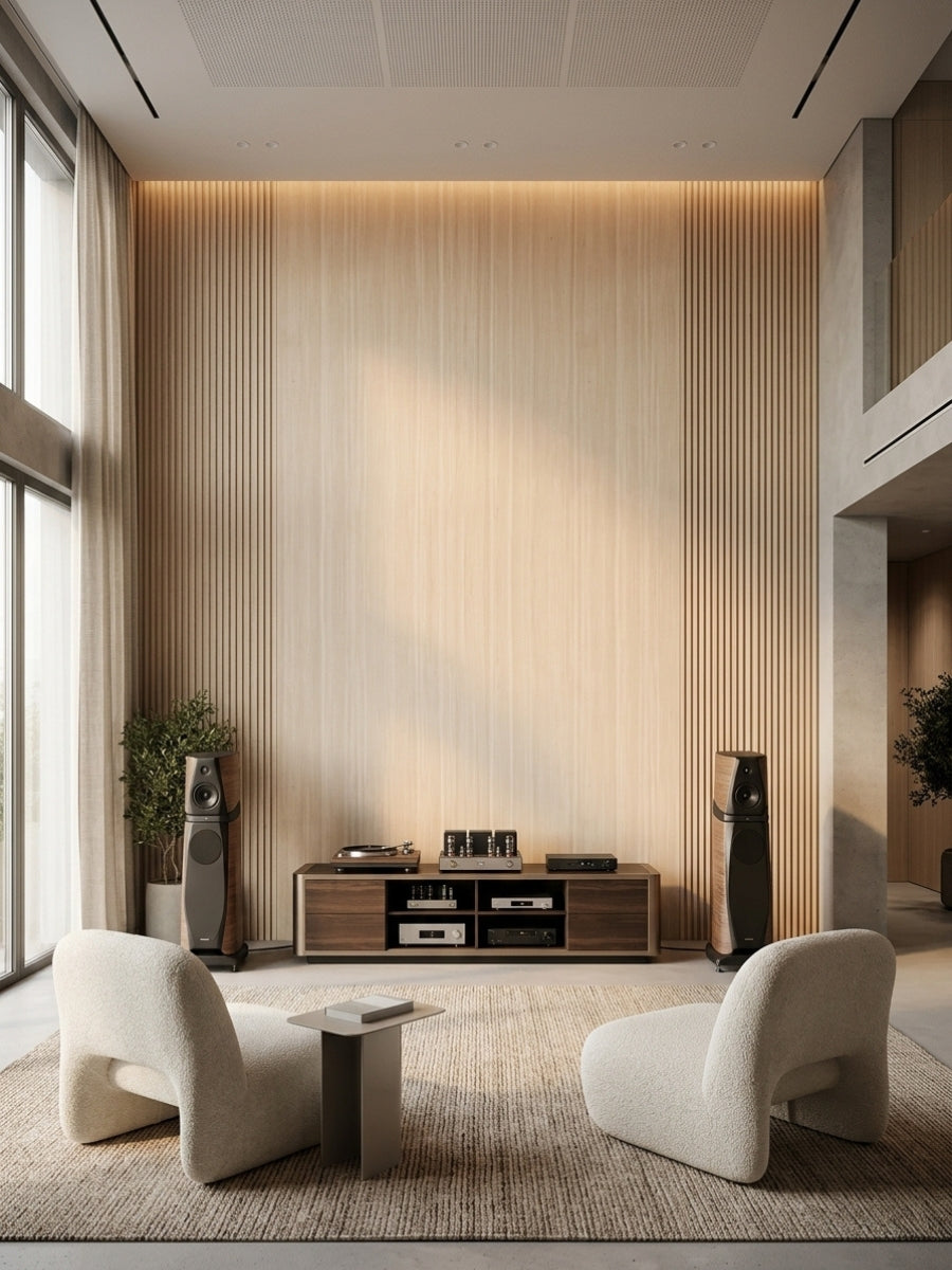 Nordic birch wood veneer panel installed as a light wood living room feature wall with vertical slatted accents