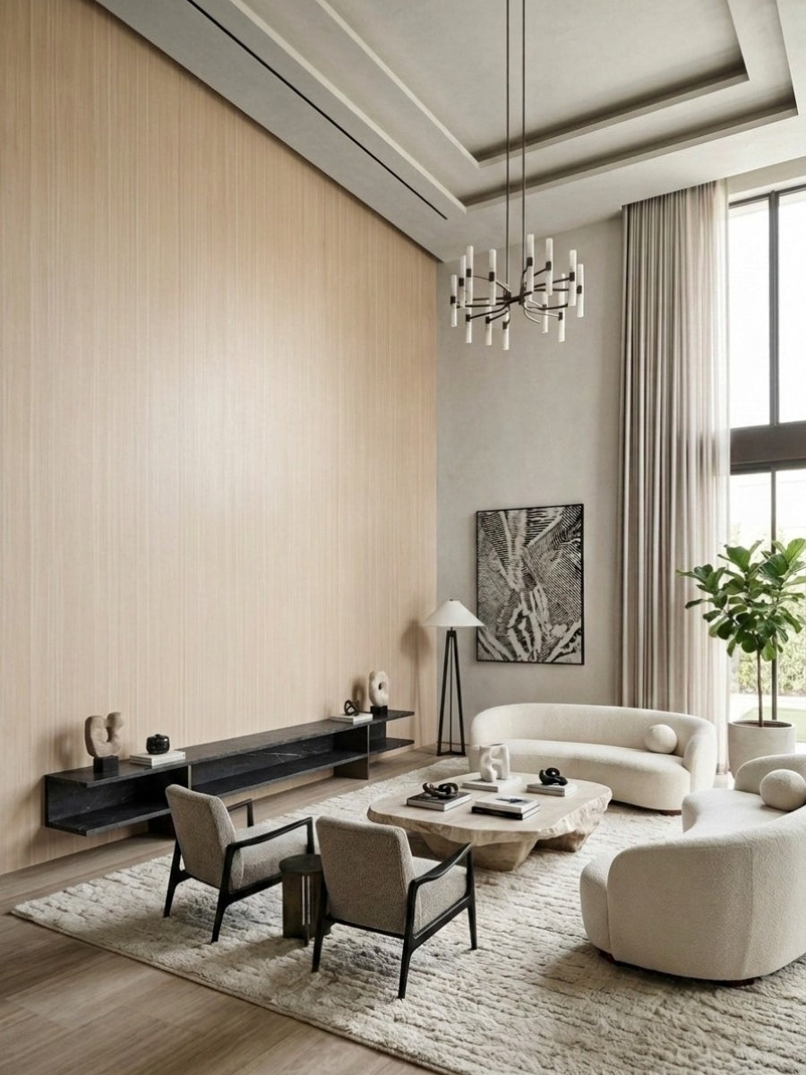 Spacious living room featuring a pale Nordic birch wood veneer panel accent wall