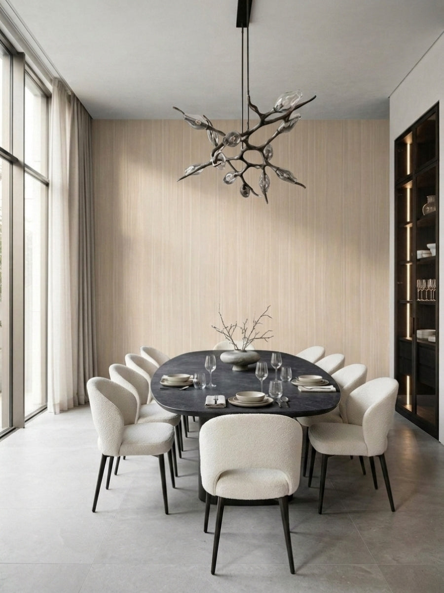 Nordic birch wood veneer panel feature wall behind a contemporary dining table and chairs