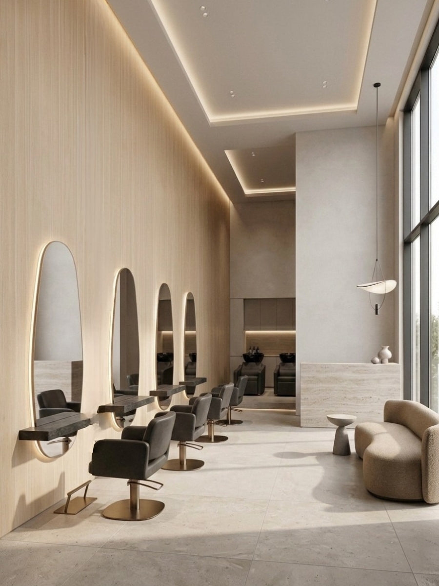 Contemporary salon with a Nordic birch wood veneer panel wall, arched mirrors and styling chairs