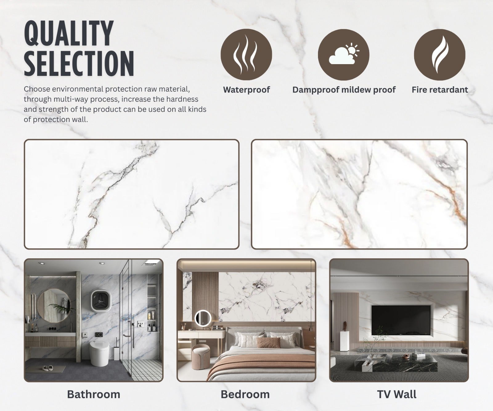 PVC marble wall panels showcasing waterproof, damp-proof, and fire-retardant features for bathroom, bedroom, and TV wall applications