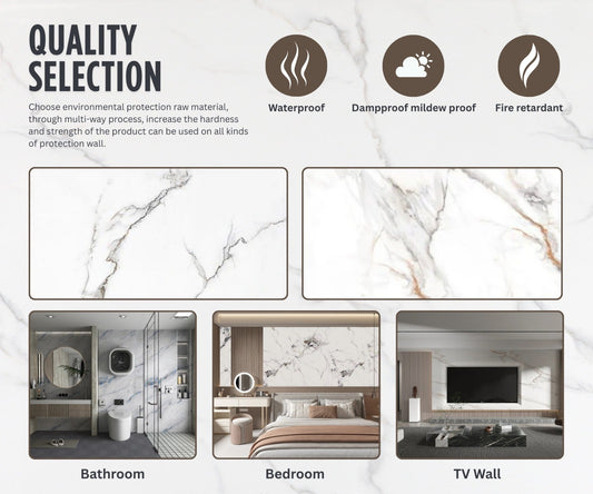PVC marble wall panels showcasing waterproof, damp-proof, and fire-retardant features for bathroom, bedroom, and TV wall applications