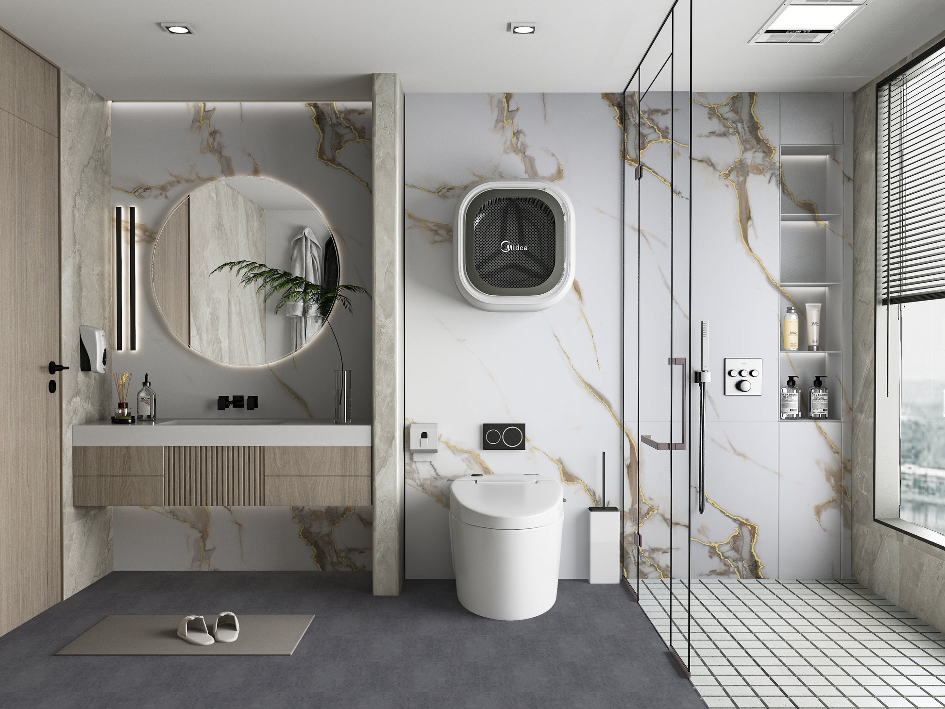 Modern bathroom interior with white PVC marble wall panels featuring gold veining