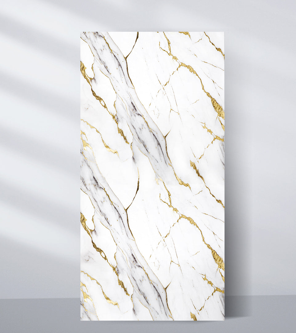 White PVC marble sheet with gold veining for luxury interior wall décor