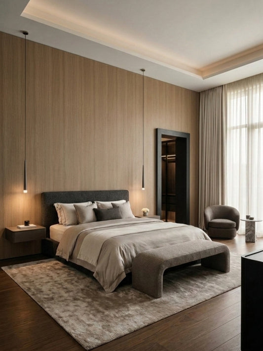Royal Oak wood veneer panels forming a warm vertical-grain feature wall in a modern bedroom