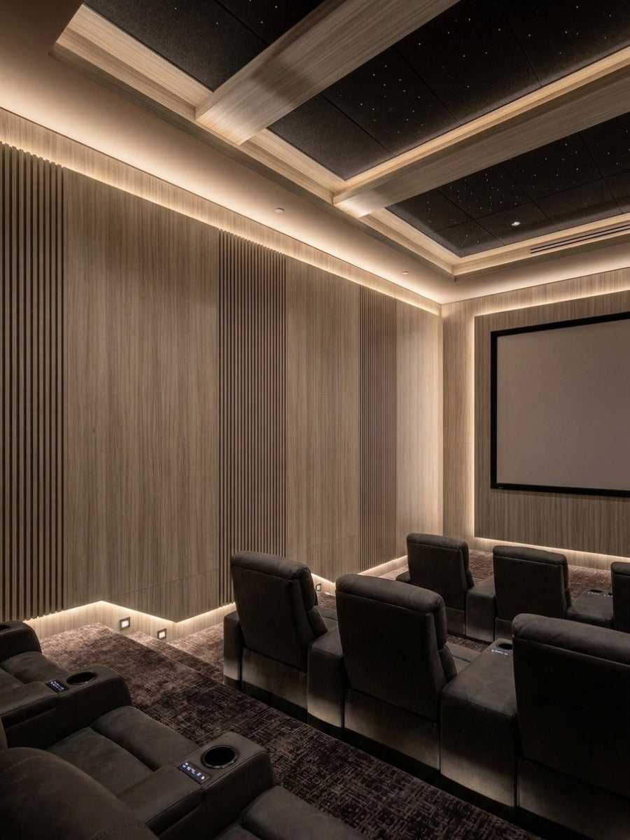 Royal Oak wood veneer panels with vertical grain installed on the walls of a modern home theater