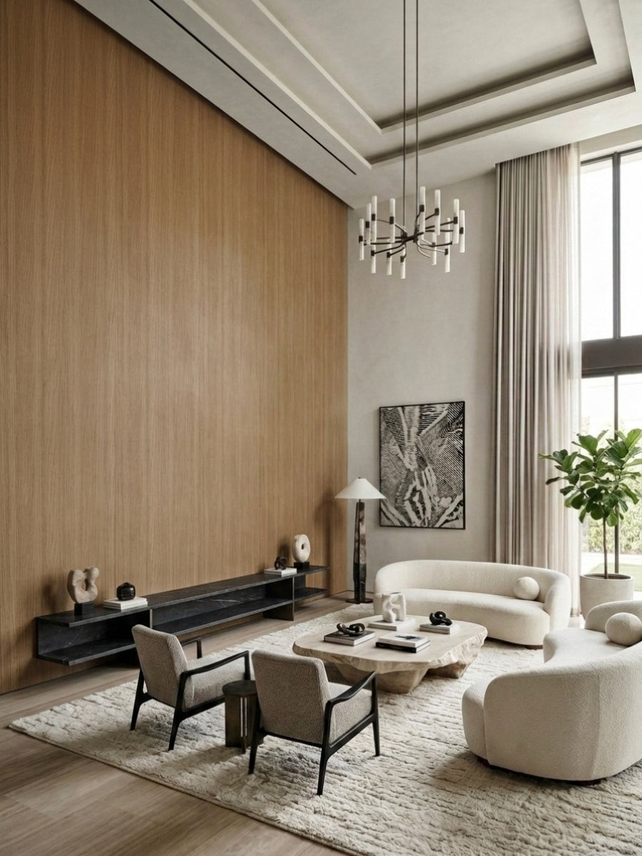 Royal Oak wood veneer feature wall with fine vertical grain in a contemporary living room
