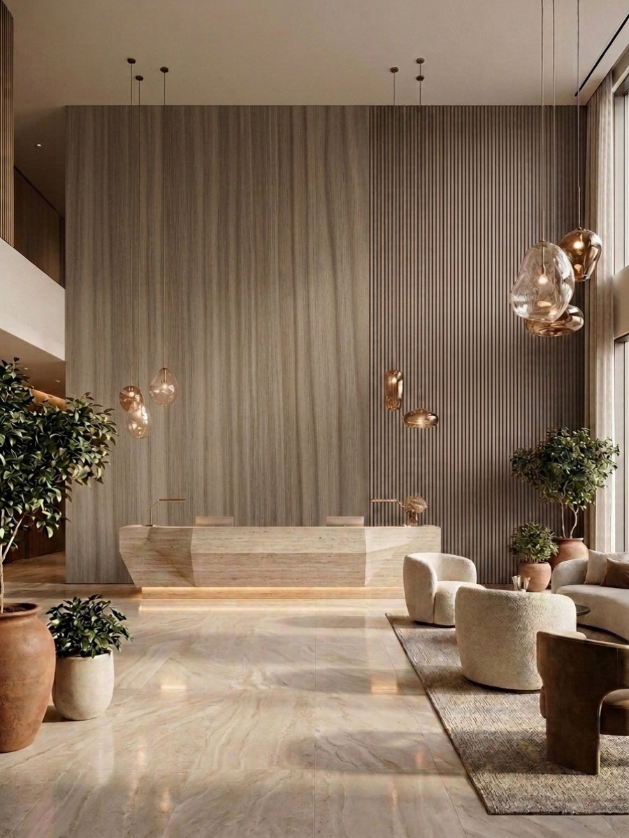 Floor-to-ceiling Royal Oak wood veneer panel creating a vertically textured reception wall in a contemporary lobby