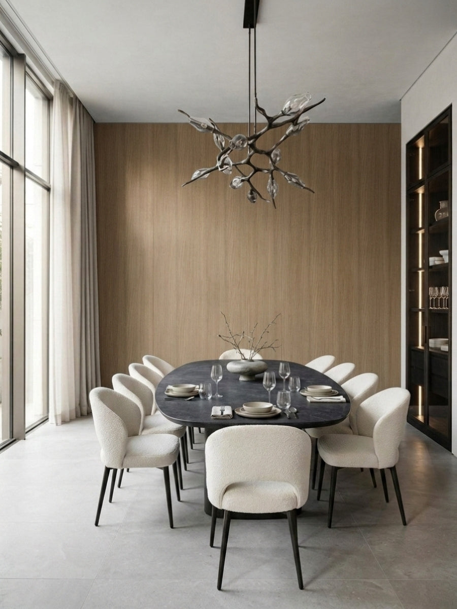 Modern dining room with Royal Oak wood veneer wall panels and an eight-seat table