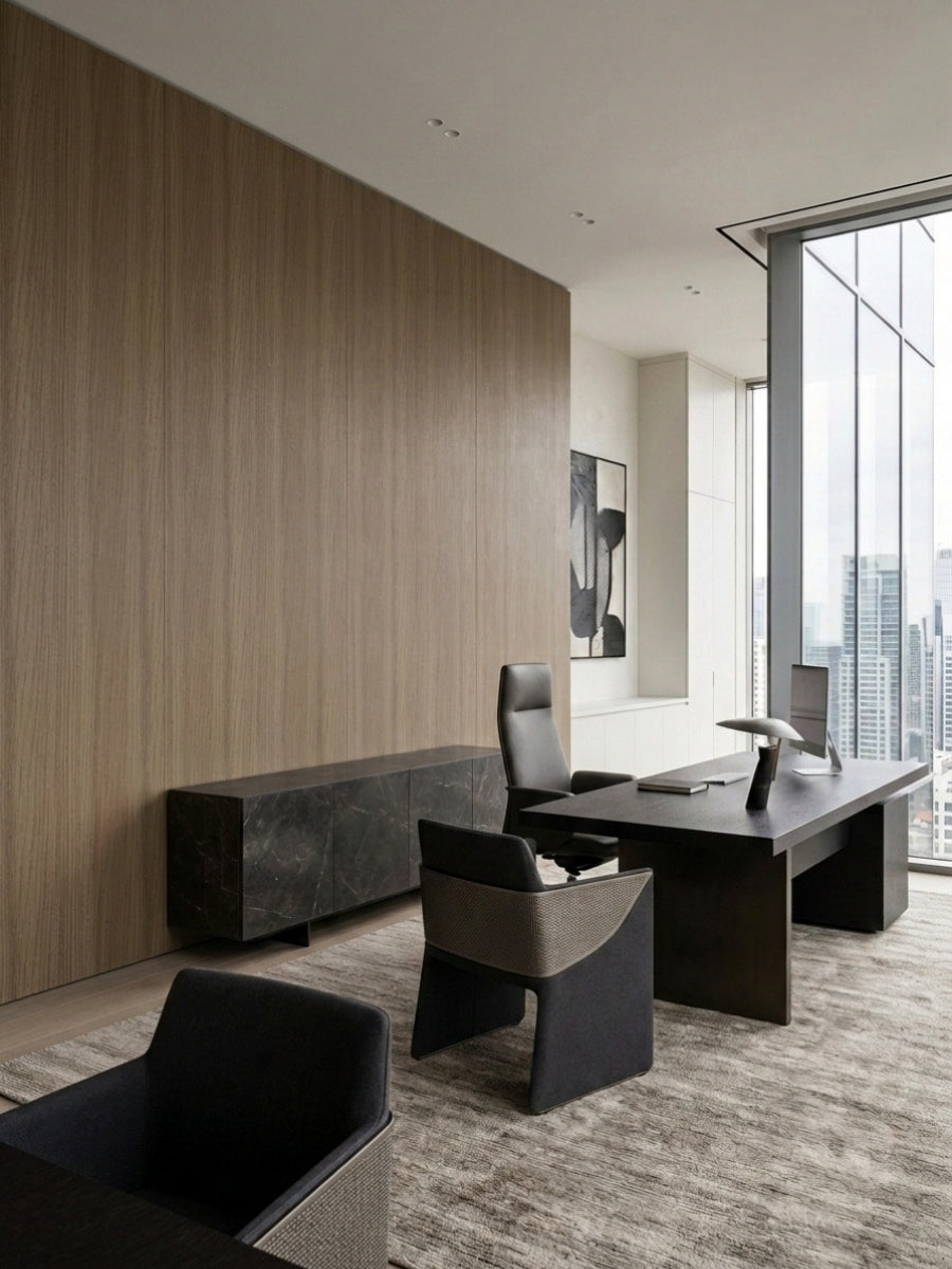 Executive office with Royal Oak wood veneer wall paneling, dark furniture and floor-to-ceiling windows