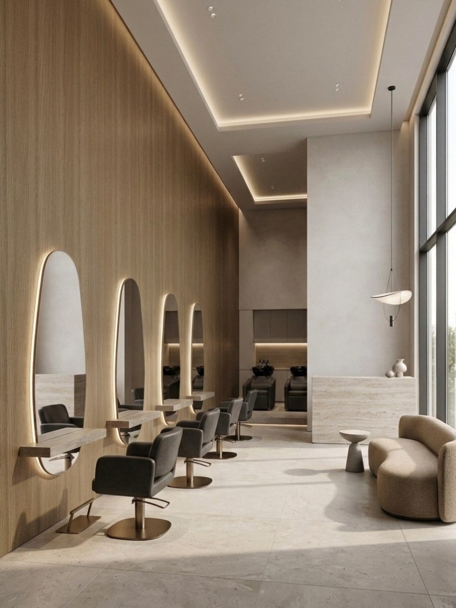 Salon interior with Royal Oak wood veneer wall paneling, arched mirrors and styling chairs