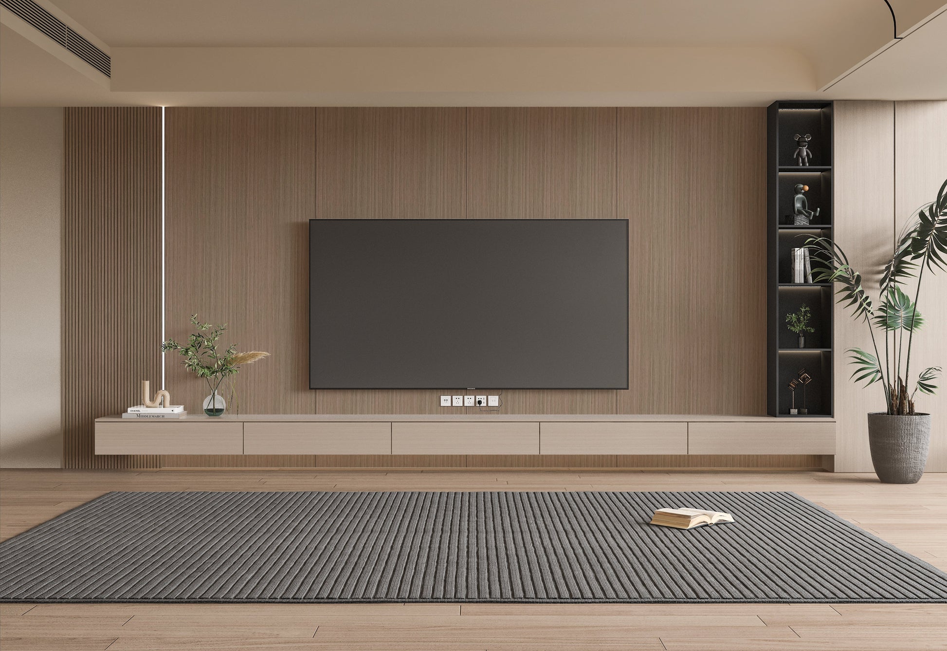 Royal Oak bamboo slat TV wall with floating cabinets in TV lounge