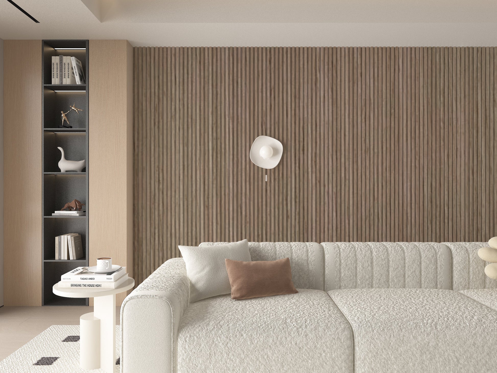 Royal Oak bamboo slat wall panel in modern living room behind sectional sofa