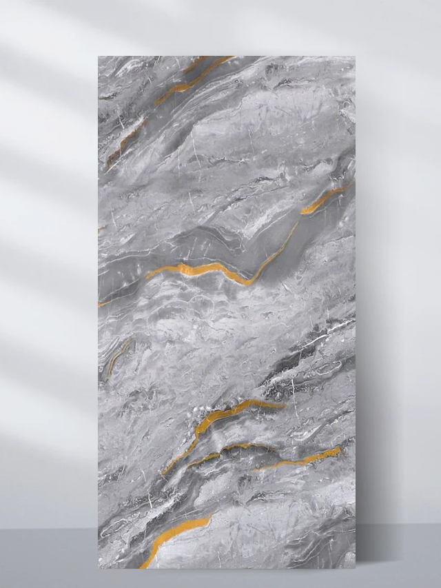 Gray marble PVC wall panel with gold veining and realistic stone texture