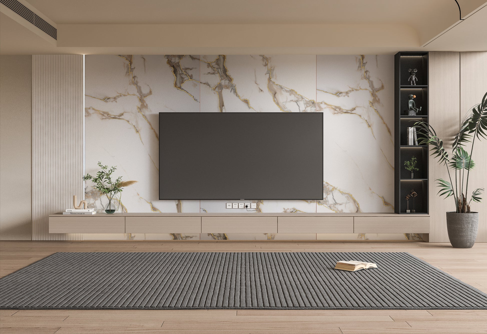 Modern living room TV wall with white PVC marble panels featuring elegant gold veining