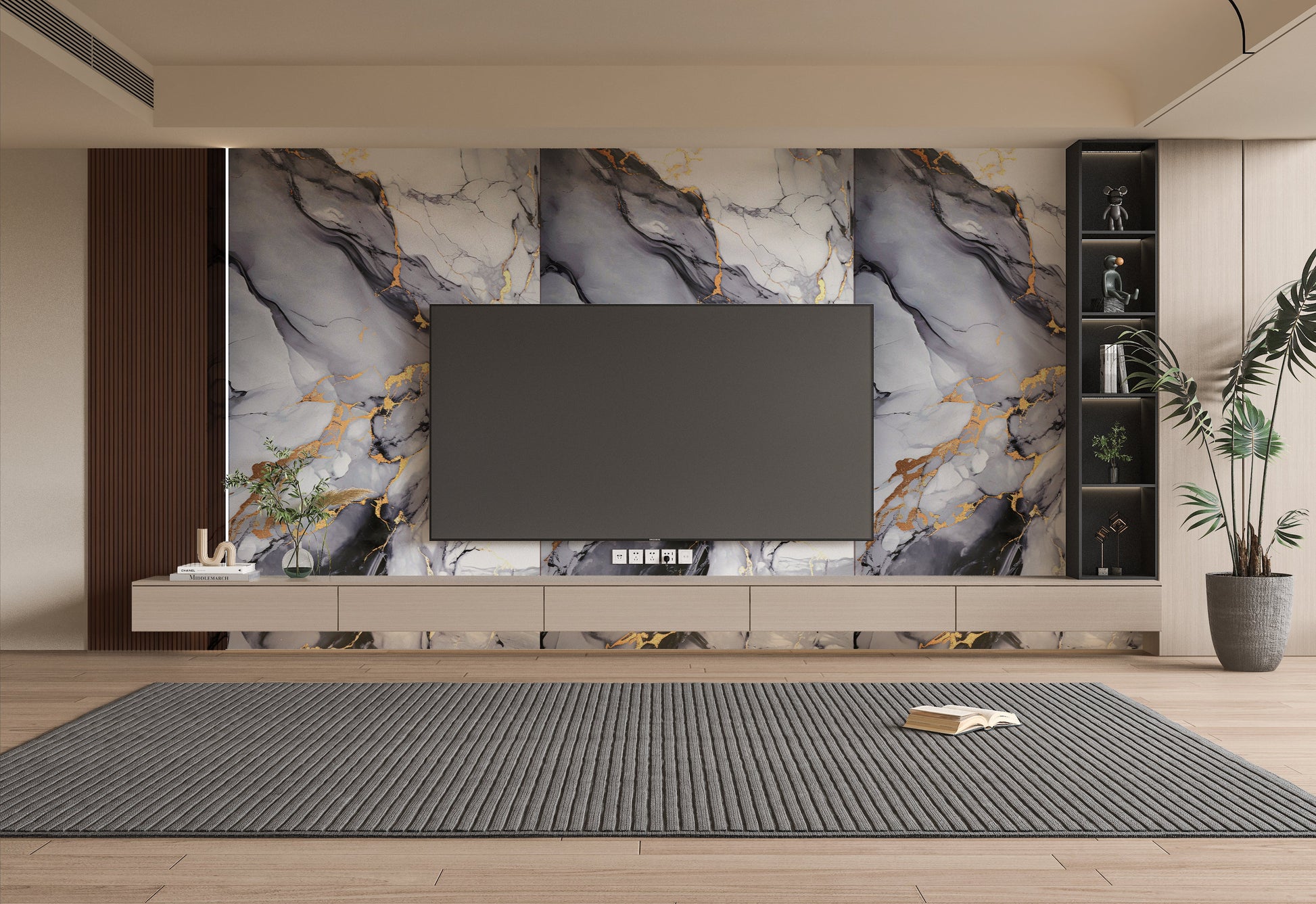 Luxury living room TV wall with gray and white PVC marble panels featuring dramatic gold veining