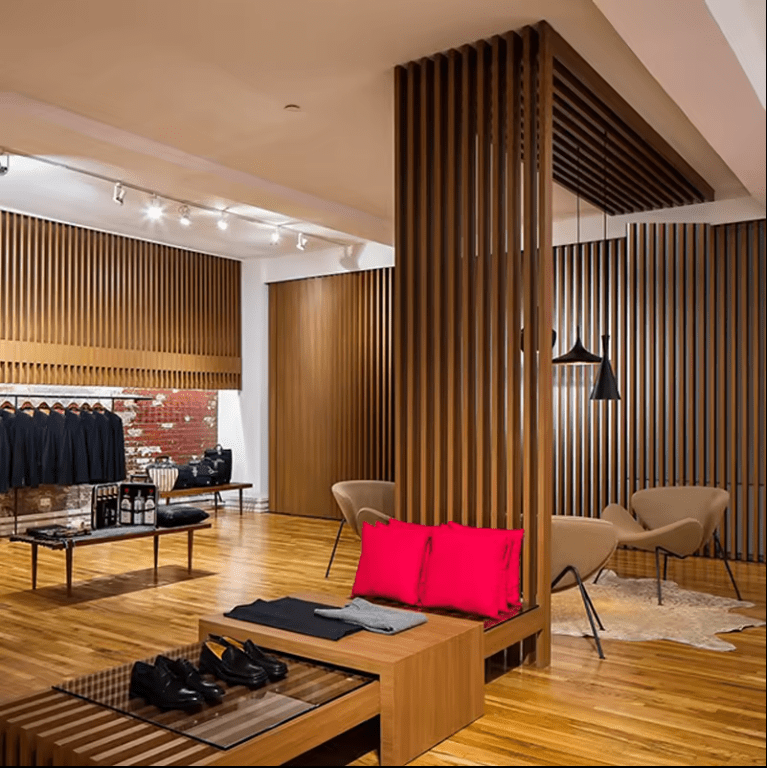 Wooden louvers room divider interior design