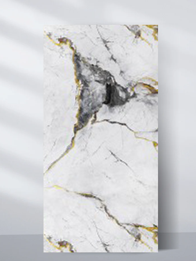 White marble wall panel with dramatic gray and gold veining for luxury interior décor