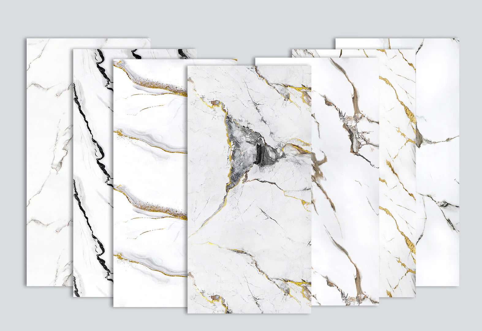 PVC marble wall panel sample pack with white marble designs and gold veining for interior décor