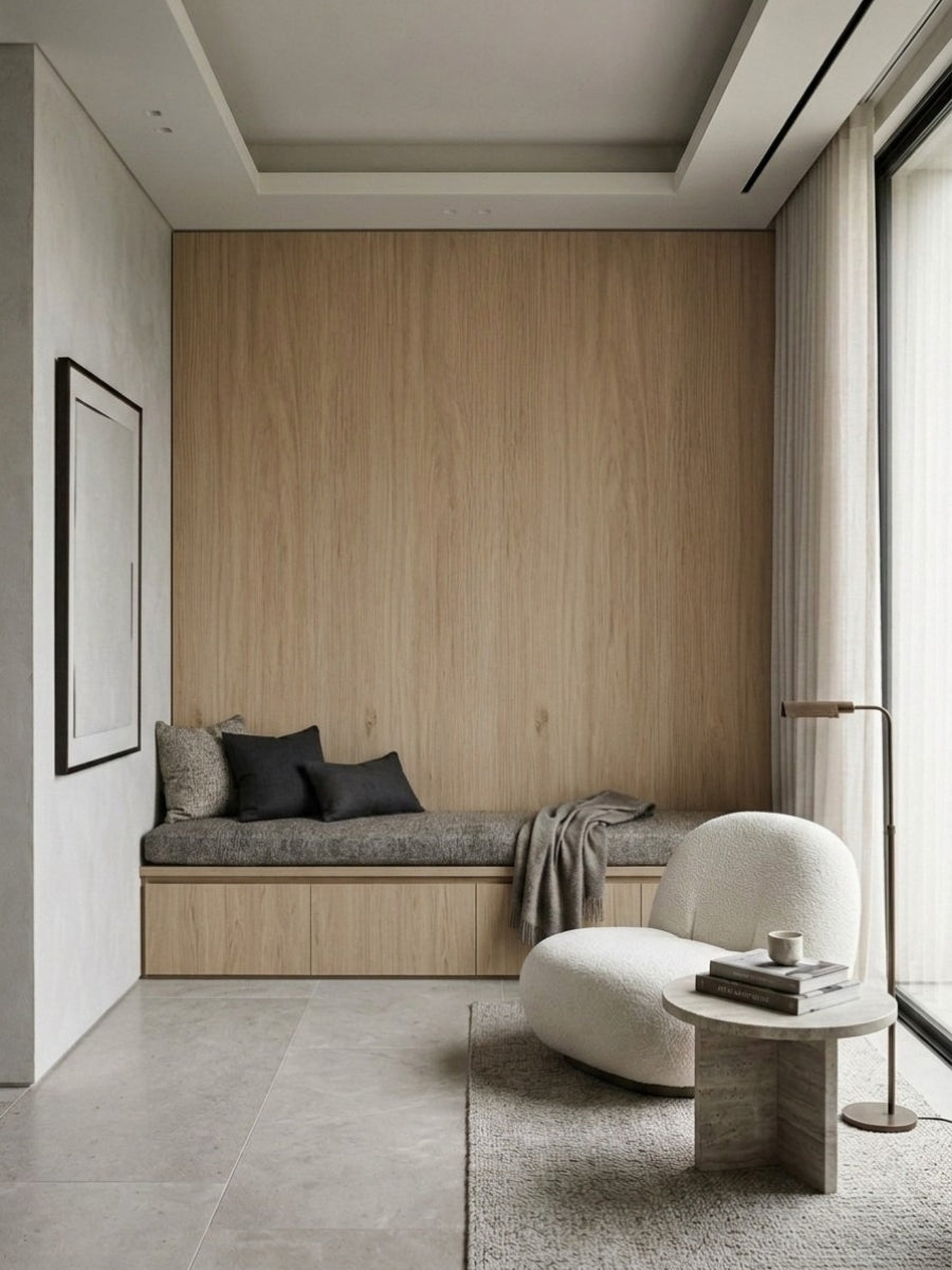 White oak veneer wall panels and matching built-in window bench in a minimalist sitting area