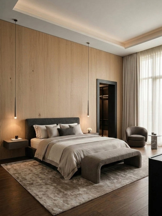 White oak veneer wall panels with vertical grain installed behind a bed in a modern bedroom