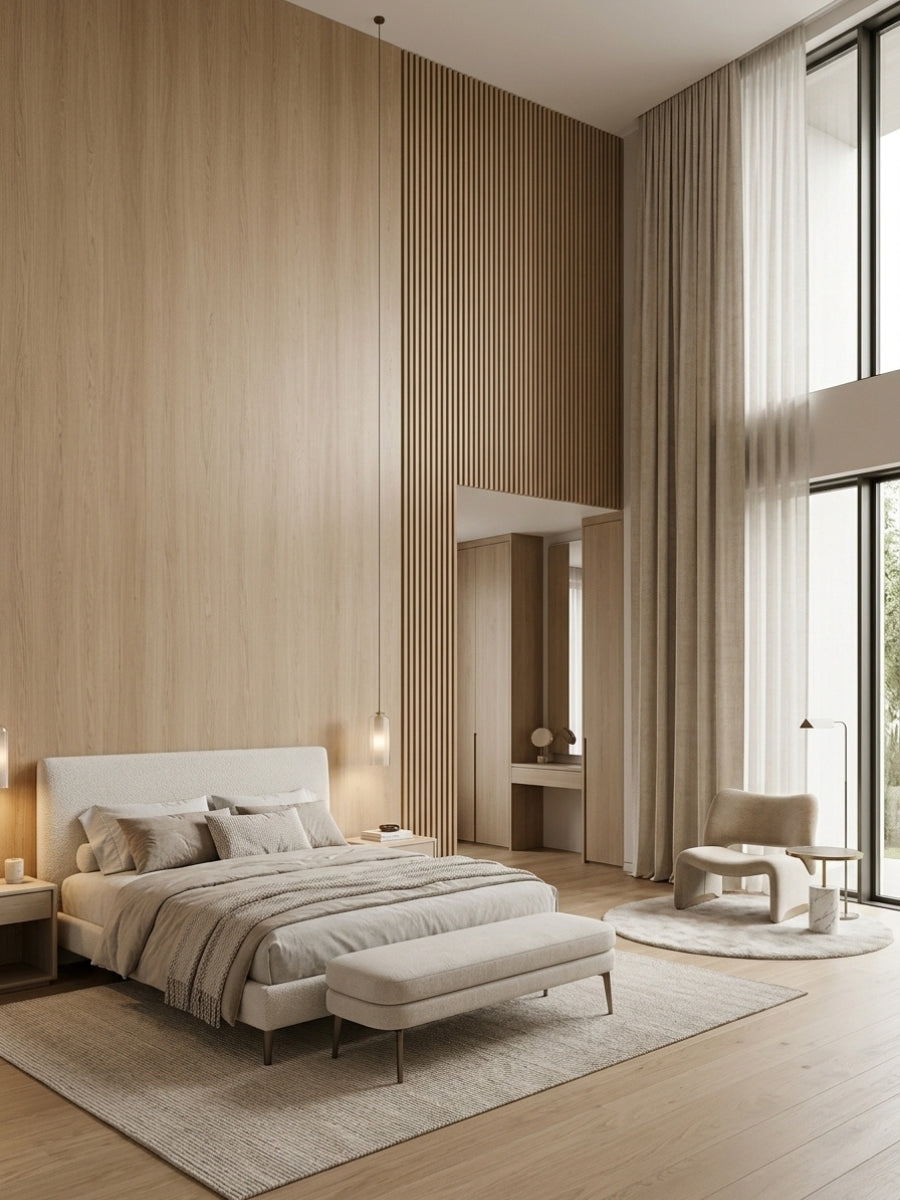 White oak veneer wall panels with vertical slatted detailing in a modern bedroom with floor-to-ceiling windows