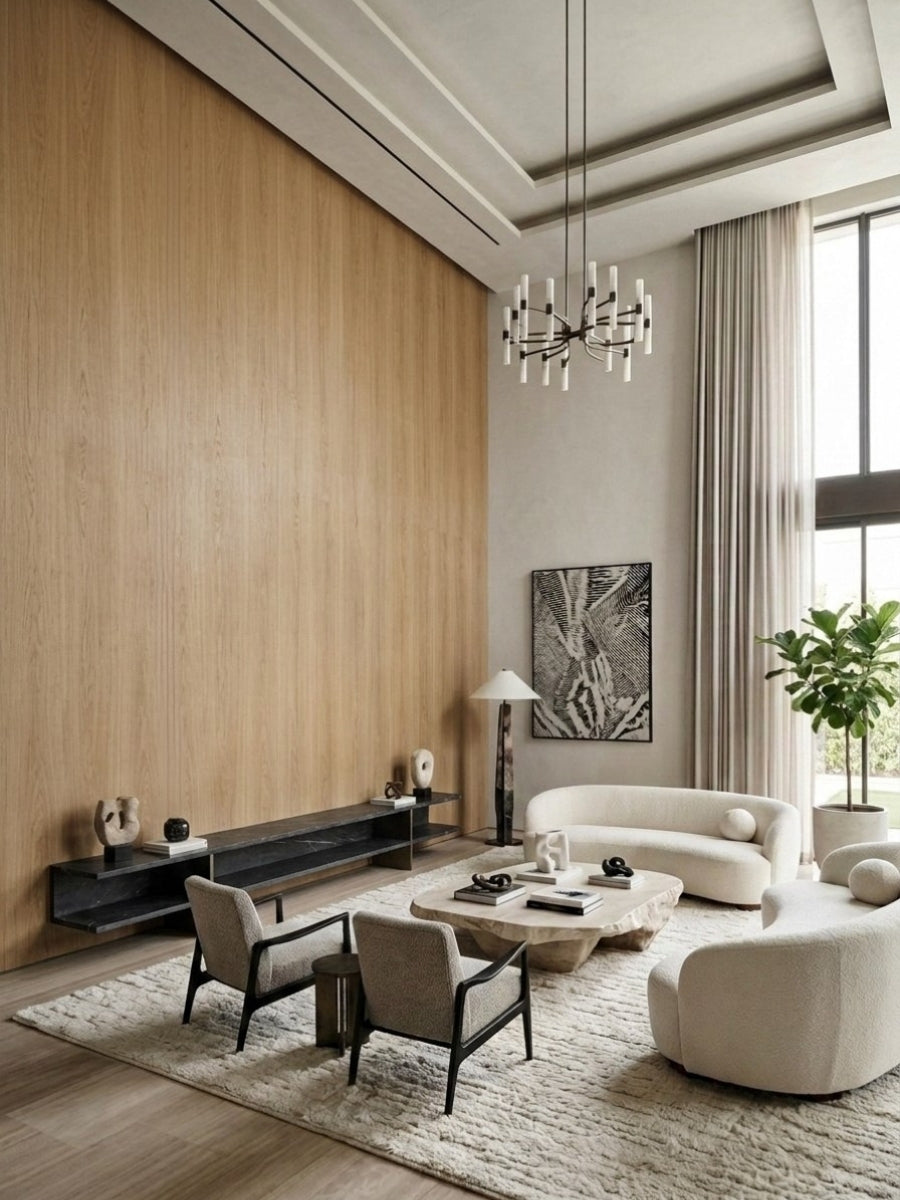 White oak veneer wall panels creating a tall wood-grain accent wall in a contemporary living room