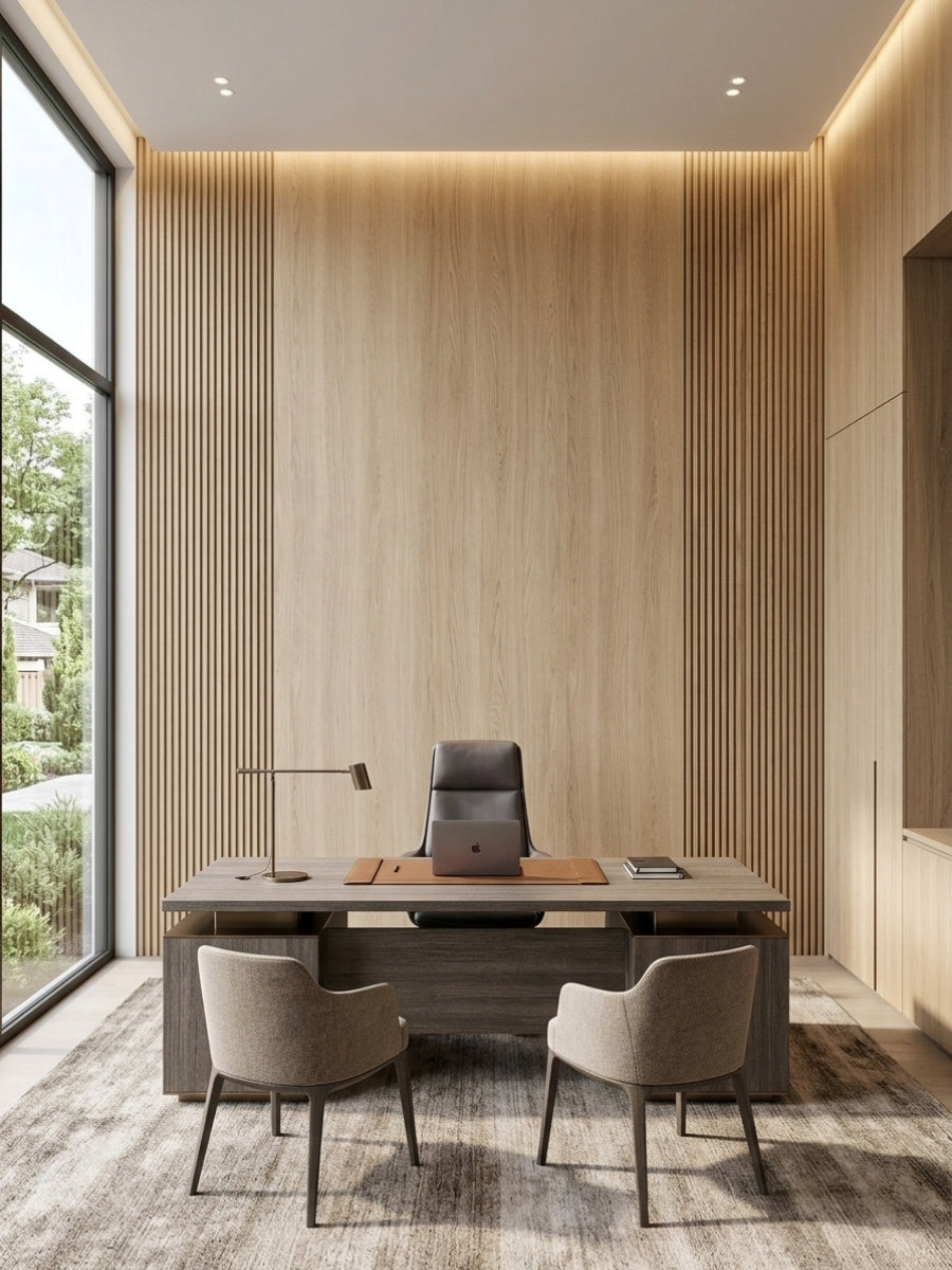 White oak veneer wall panels installed behind a desk in a modern office with vertical slatted accents