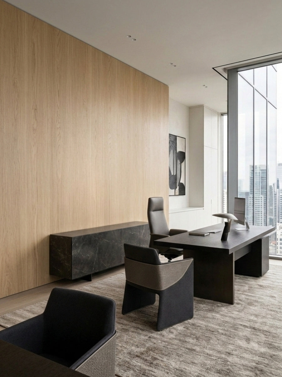White oak veneer feature wall with subtle vertical grain in a modern executive office
