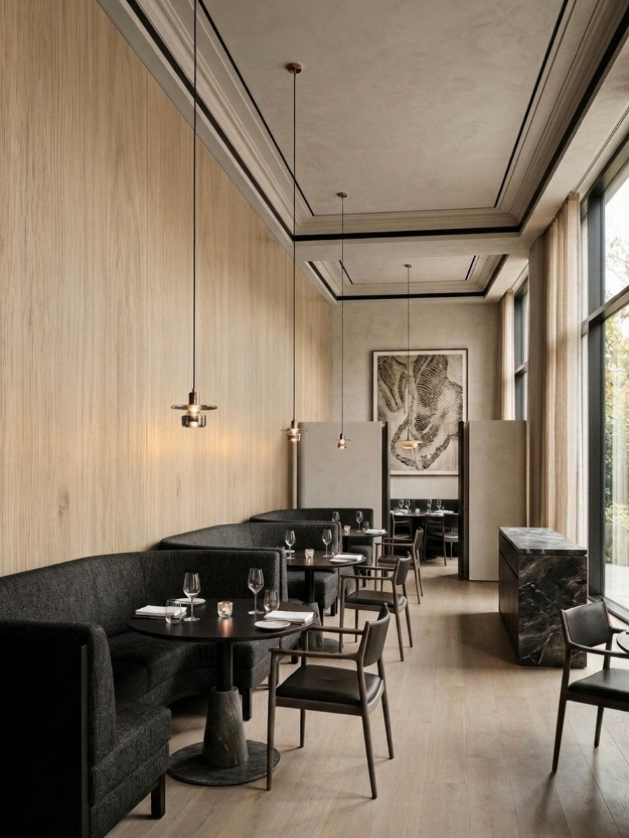 White oak veneer wall panels installed along a contemporary restaurant dining area