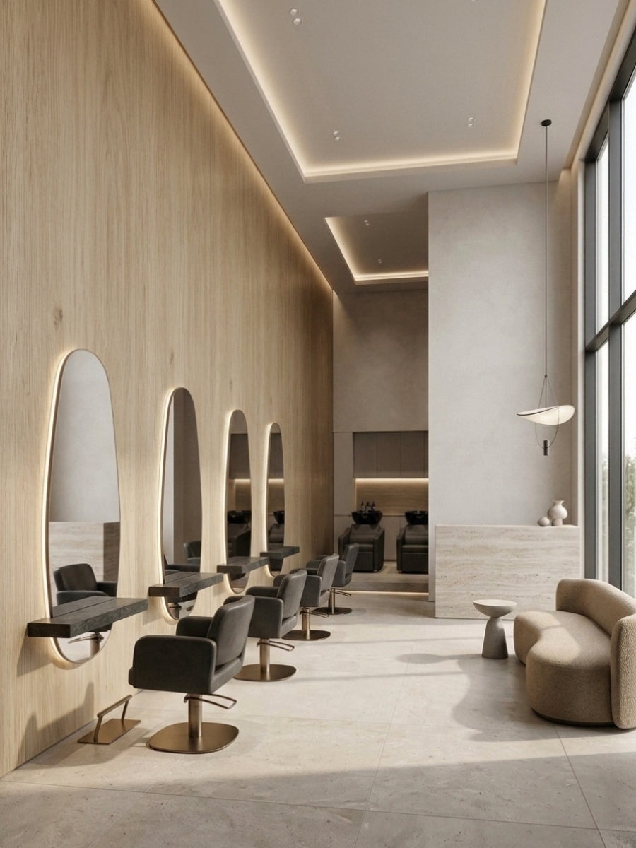 White oak veneer wall with arched mirrors and styling stations in a modern salon