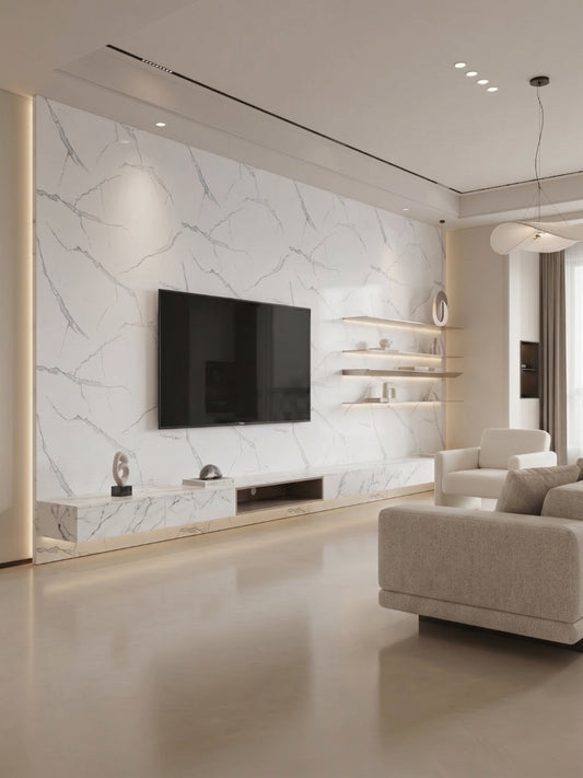 Modern living room with a TV mounted on a White Gray Pearl Marble PVC paneled feature wall