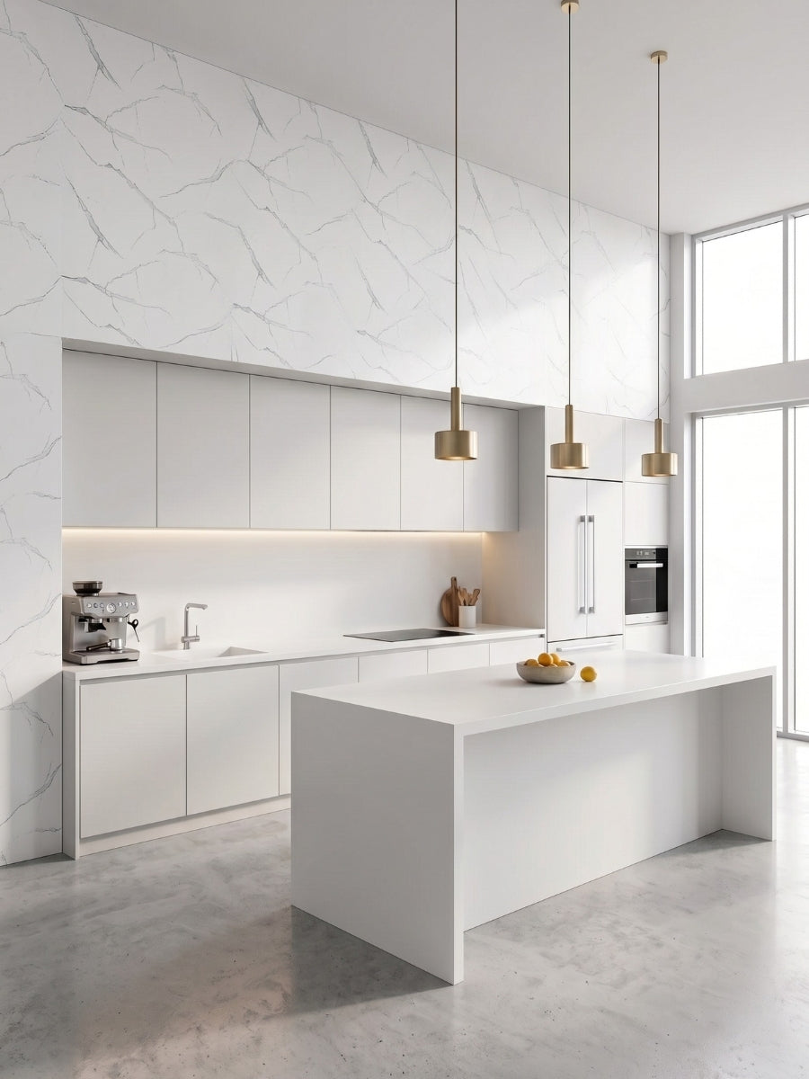 Bright modern kitchen with White Gray Pearl Marble PVC wall panels, white cabinetry, and a large island