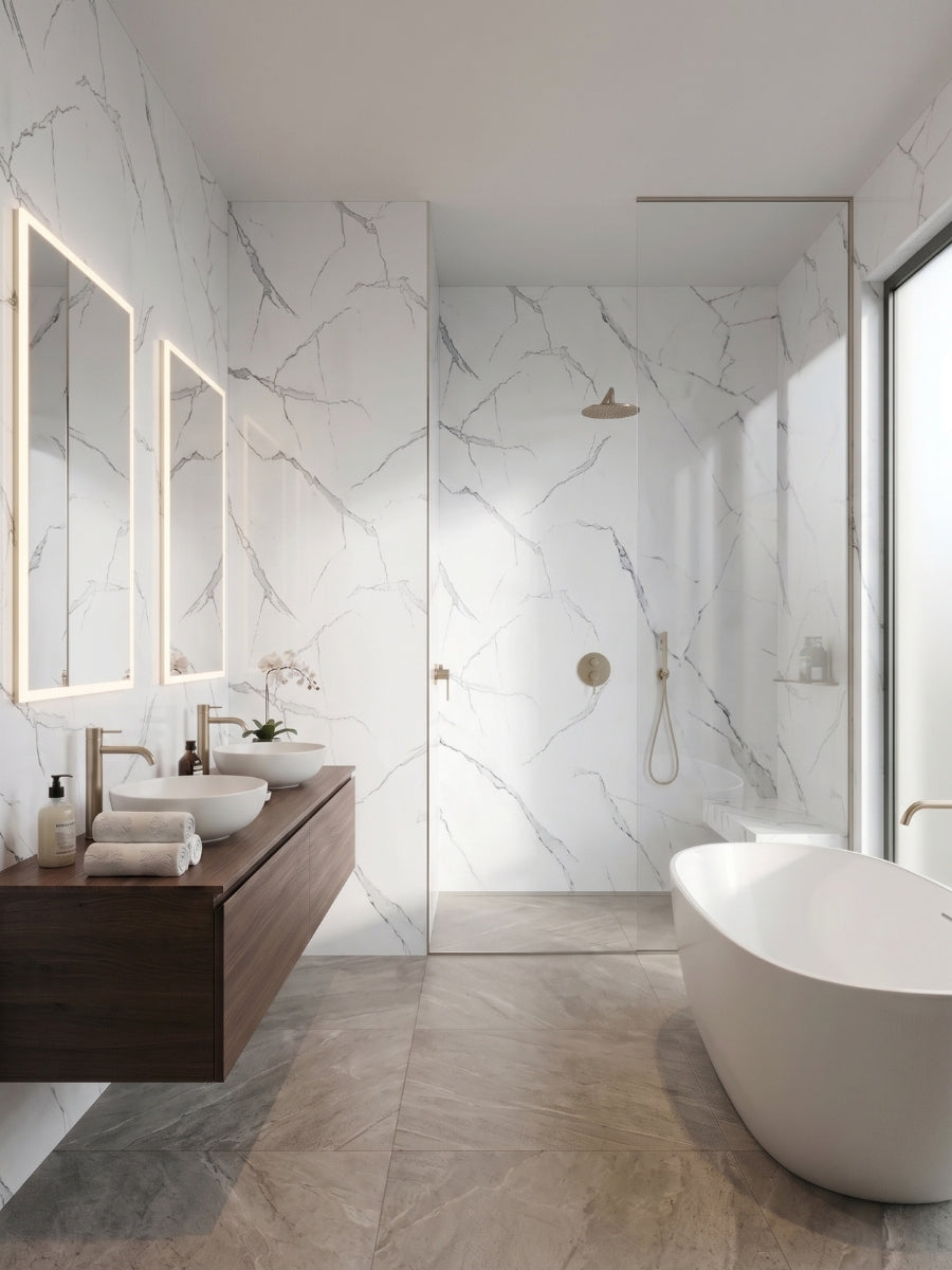 Contemporary bathroom with White Gray Pearl Marble PVC wall panels around the walk-in shower and bathtub