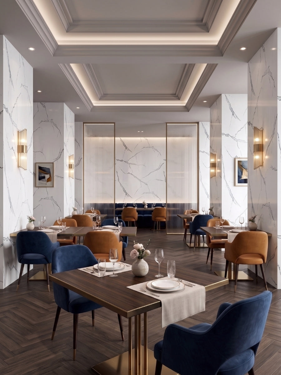 Elegant restaurant dining room with White Gray Pearl Marble PVC panels on columns and the central accent wall